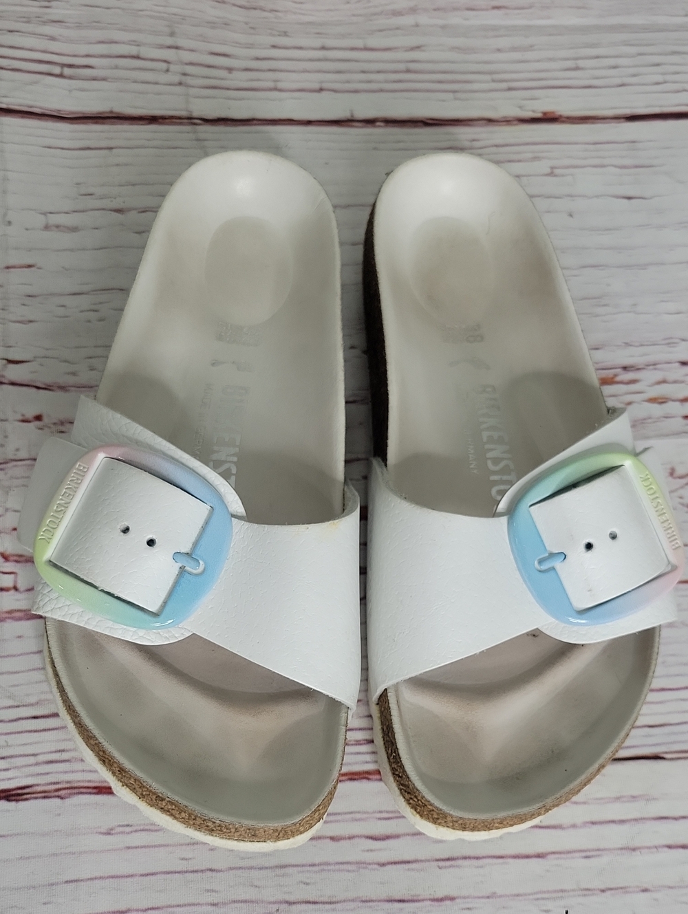 Birkenstock Madrid White Slide Sandal with Iridescent Buckle Size 7.5 - Picture 5 of 9